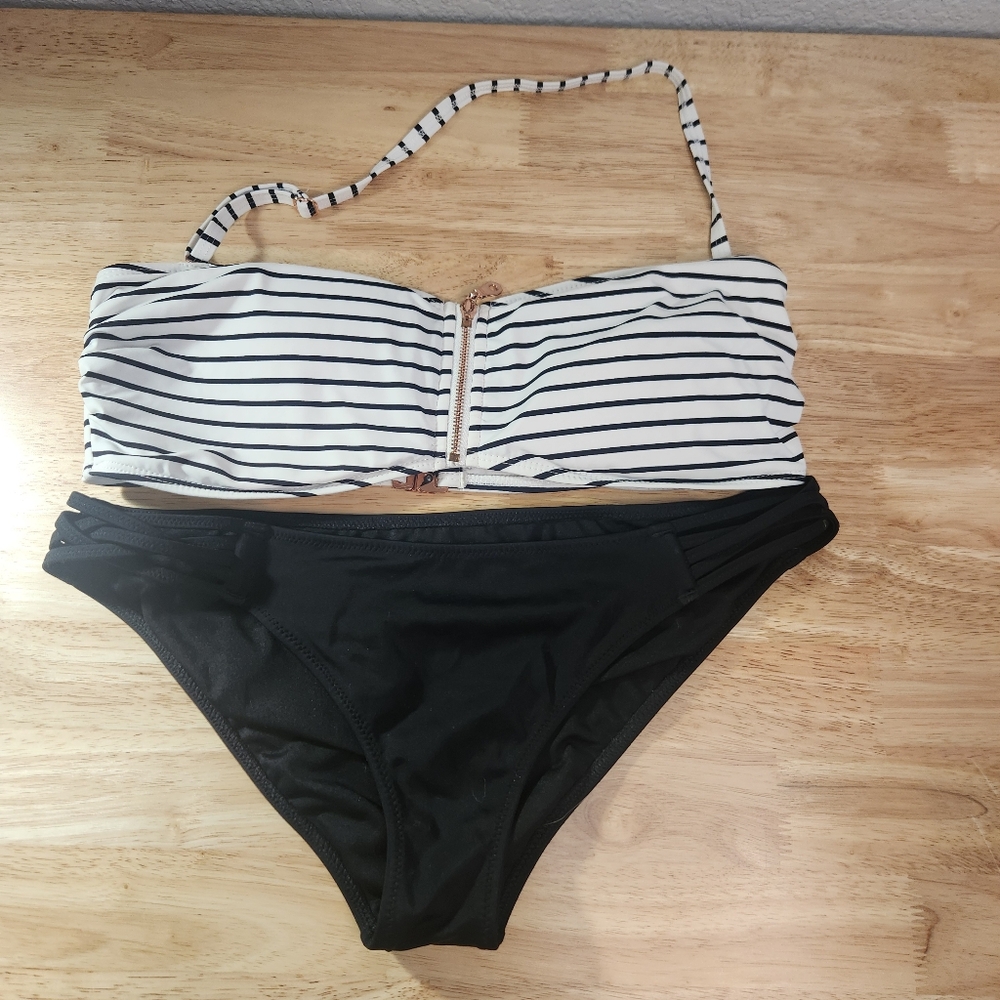 Black and White Bikini with Striped Top (size 10) and Solid Bottons (size M)